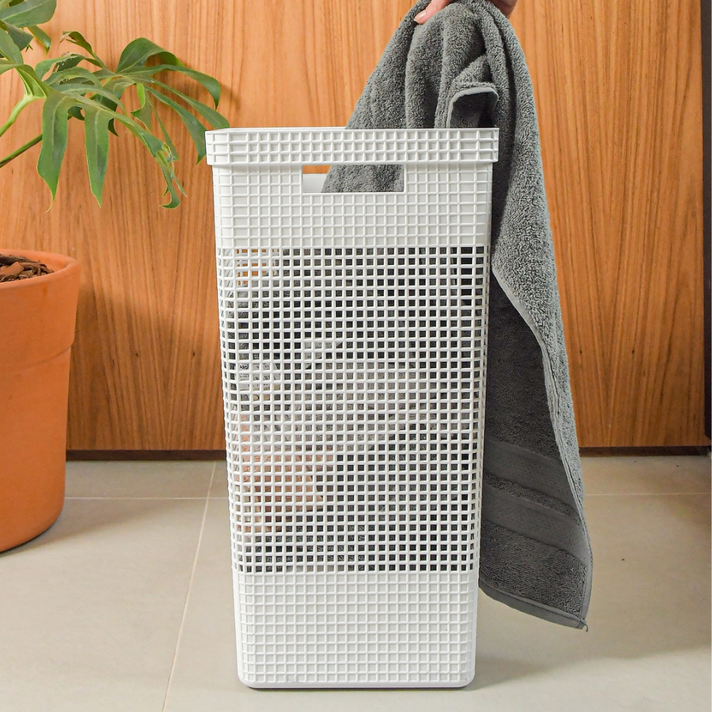 Cesta de Ropa con Tapa 38x28x55cm 49 litros OU «Grid» (Blanco) - Imagen 4