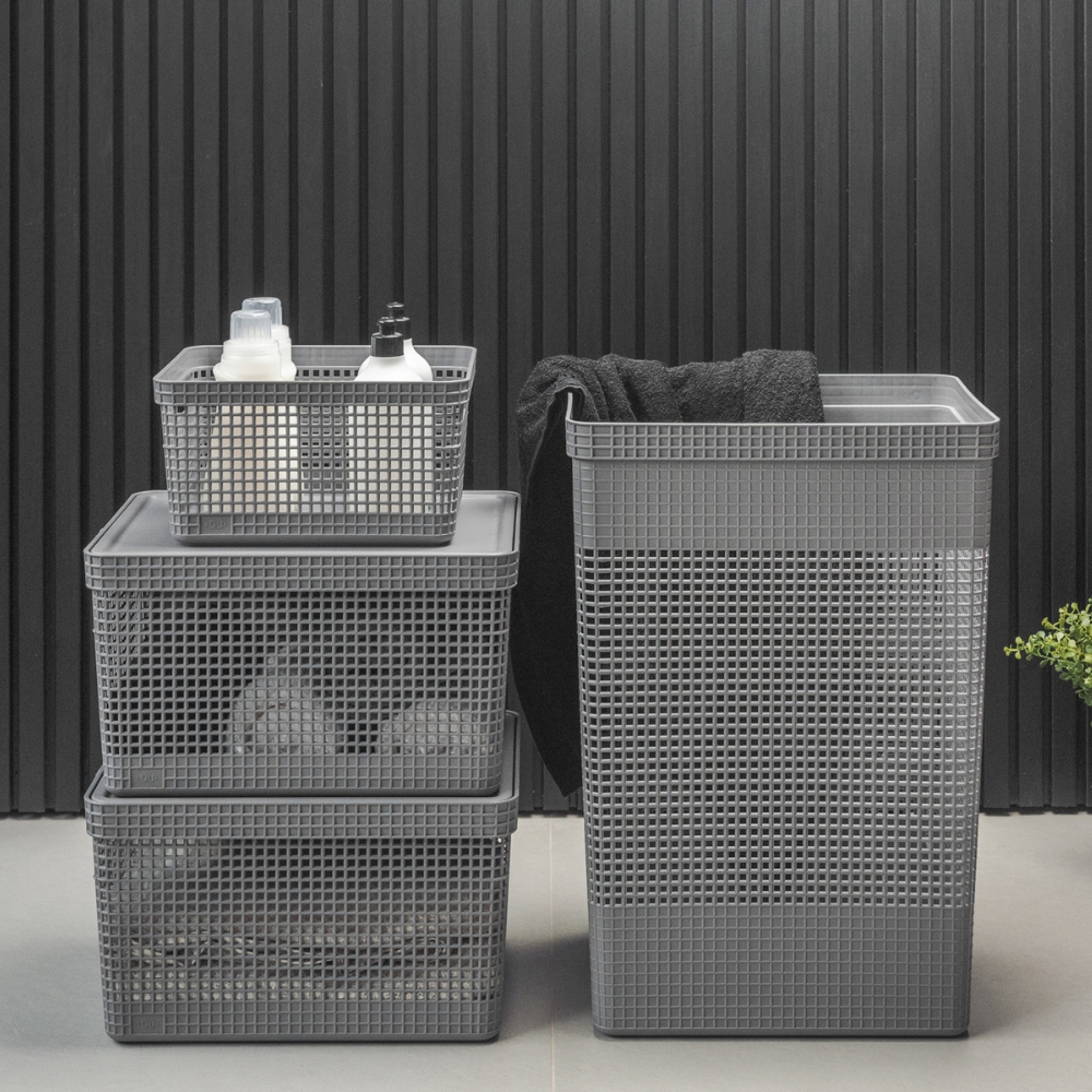 Cesta de Ropa con Tapa 38x28x55cm 49 litros OU «Grid» (Gris) - Imagen 3